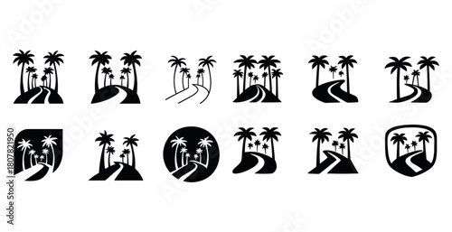 Set of black palm tree silhouettes with curvy road designs