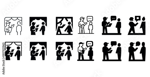 Black and white icon set of people communicating in various scenarios