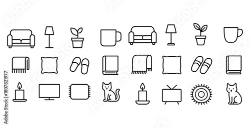 Minimalist home icons set: furniture, decor, and pets in black and white line art