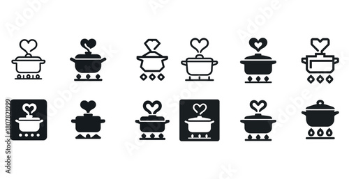 Set of kitchen icons with heart symbols on cooking pots