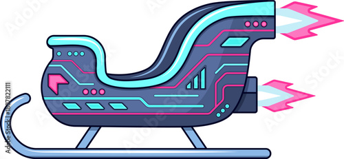 Futuristic Neon Santa Sleigh with Circuit Panels and Pink Flame Boosters – Vibrant Cyber Christmas Vector for Holiday Thrills