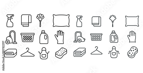 Household cleaning icons: spray, towel, pillow, vacuum, detergent, duster, sponge