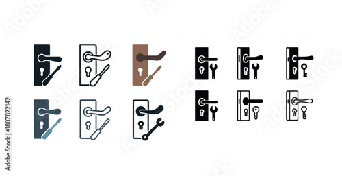 Set of door handle icons with lock and key elements in various colors and styles