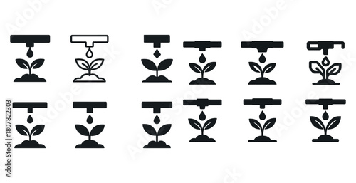 Set of black and white plant watering icons featuring seedlings and water drops
