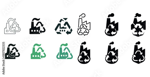 Recycling factory icons with eco-friendly and industrial themes