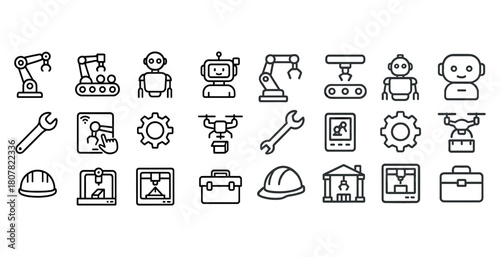 Robotics and engineering icons set featuring arm, drone, wrench, helmet, robot