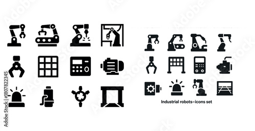 Industrial robot icons set: automation tools and robotic equipment collection