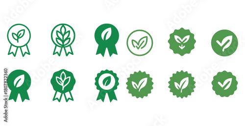 Collection of green eco-friendly badge icons with leaf symbols
