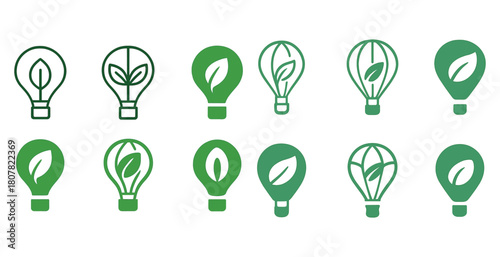 Green energy icons: eco-friendly light bulb and hot air balloon designs