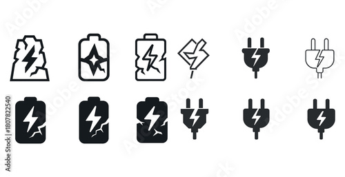Battery and plug icons with lightning bolt and crack symbols
