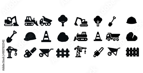 Construction and landscaping icons collection: vehicles, tools, trees, safety gear