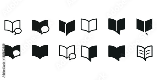 Set of open book icons with speech bubbles and pages