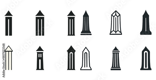 Set of ten monolithic geometric column icons in black and white