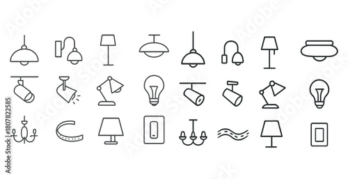 Collection of various lamp and lighting icons in minimalist line art style