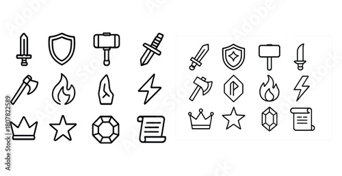 Collection of simple game icons including weapons, shields, and symbols