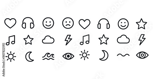 Simple line icons: music, weather, emotions, and nature collection