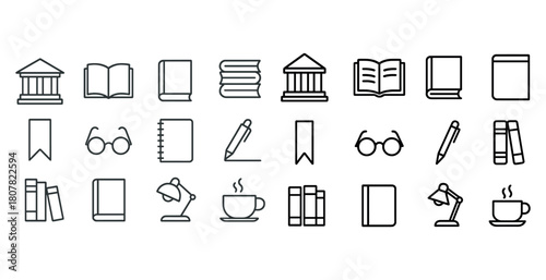 Library and reading icons set: books, glasses, notebooks, cups, lamps