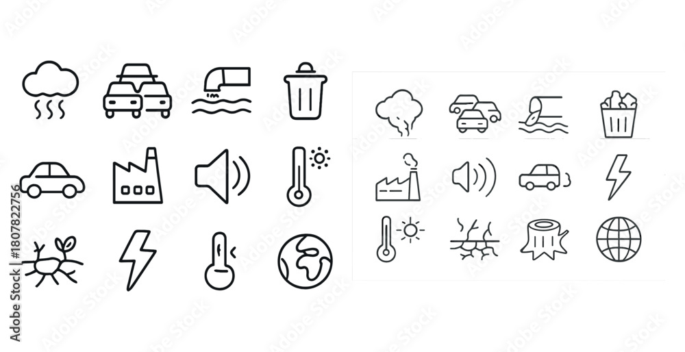 Naklejka premium Environmental issues icon set: pollution, climate, waste, energy, nature