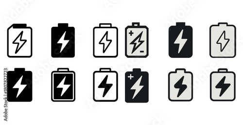 Various battery icons showing charge and power levels in black and white