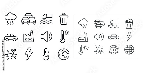 Environmental issues icon set: pollution, climate, waste, energy, nature