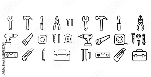 Black and white icons of hand and power tools on white background