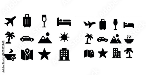 Travel and accommodation icons: transportation, leisure, landmarks, dining