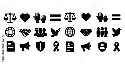 Diverse social justice icons: equality, peace, advocacy, inclusion