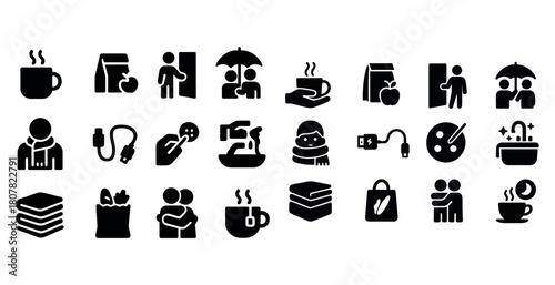 Icon set: coffee, shopping, hygiene, friendship, weather, food, art