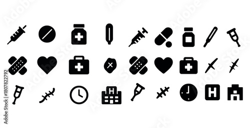 Medical icons collection: syringe, pill, thermometer, first aid kit, hospital