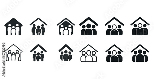 Set of family and community icon variations in black and white