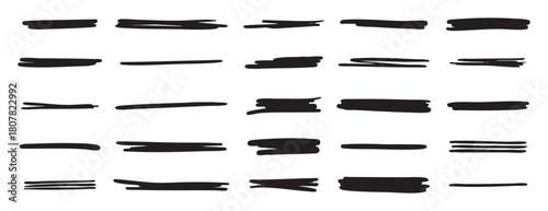 Black underline stroke set. Hand drawn highlight lines. Bold marker strokes for text emphasis design