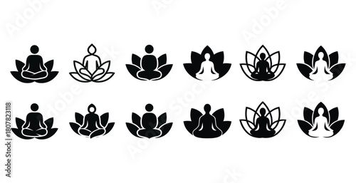 Minimalist yoga icons: meditation and lotus poses in black and white