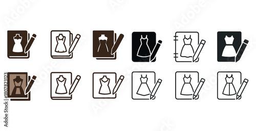 Dress design icons set with sketchbooks and pencils in various styles