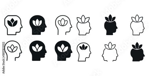 Silhouette icons of heads with floral mind designs in black and white