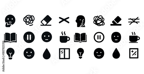 Collection of various monochrome icons representing emotions, actions, and objects