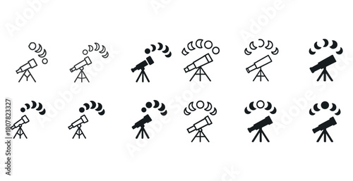 Monochrome telescope icons with signal waves for communication and astronomy