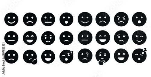 Set of diverse emoji faces expressing various emotions in black and white