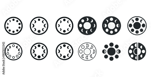 Lunar phases icon collection: diverse moon cycle designs
