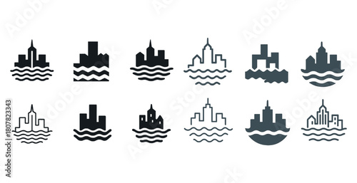 Cityscape icons collection: skyline symbols with water waves