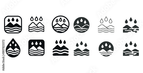 Collection of water and mountain icons with drop elements