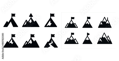 Set of mountain icons with flags in black and white illustration
