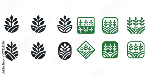 Set of agricultural plant icons in black and green variations