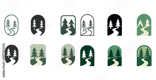 Abstract tree and path icons in various color schemes