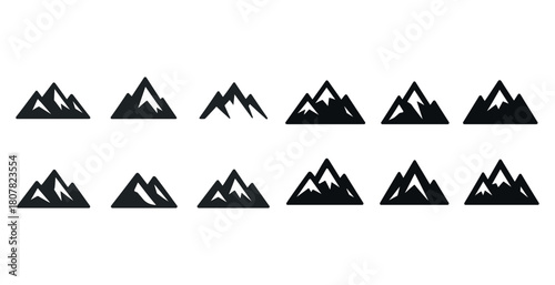 Minimalist black mountain icon set with various peak designs