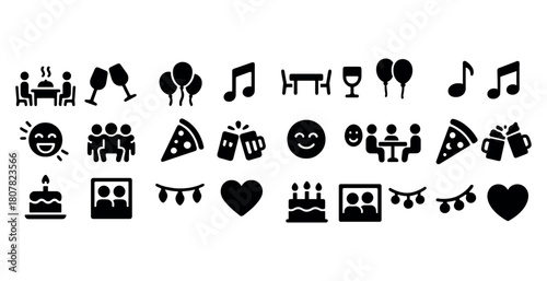 Celebration icons: food, music, and festivities in black and white