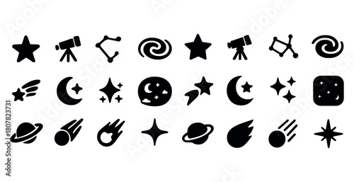 Astronomy icons: stars, planets, telescopes, and constellations set