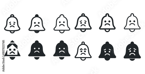 Sad bell icon set: simple black and white emoticon collection