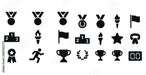Black and white sports icons set: medals, trophies, and more