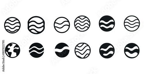 Set of abstract wave circle icons in black and white