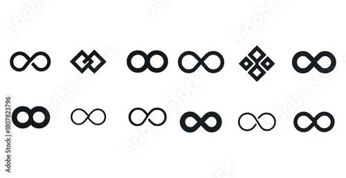 Diverse infinity symbol designs collection in black on white background
